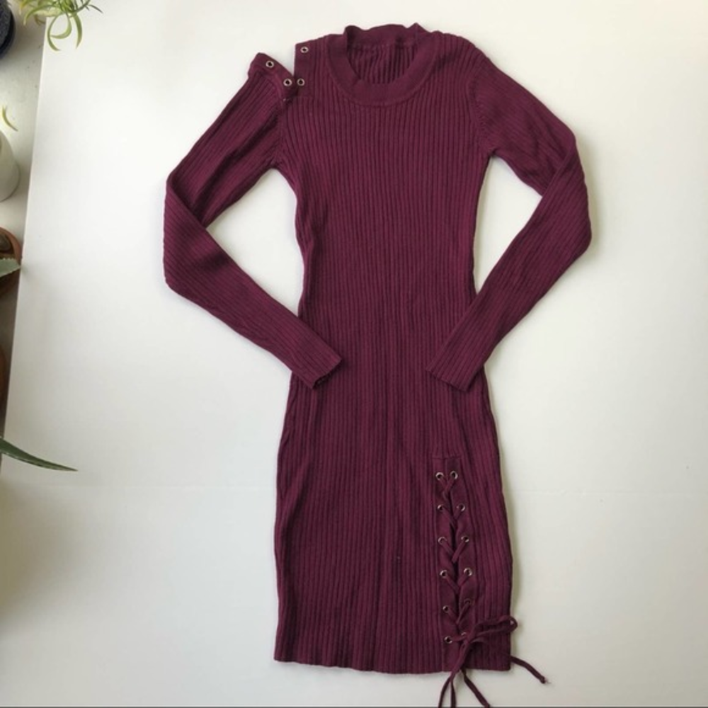 long‎ sleeve sweater dress ribbed knit maroon bodycon midi lace up grommet